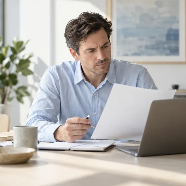 Editorial illustration of a professional reviewing case information