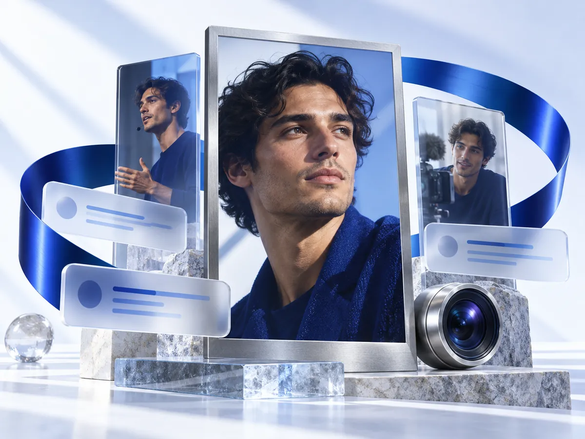 Conceptual portrait of a digital founder across speaking, creator, and search panels, connected by a cobalt ribbon